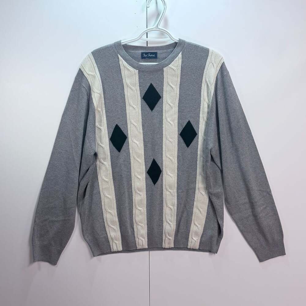 Paul Fredrick Men's Grey and White Diamond Cable Knit Crewneck Sweater